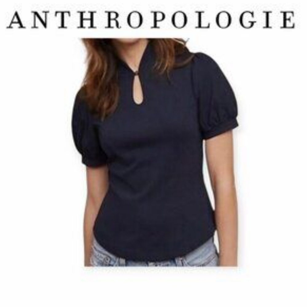 Anthropologie Ett.Twa Ponte Knit Keyhole Puff Sleeve Blouse size M Red
